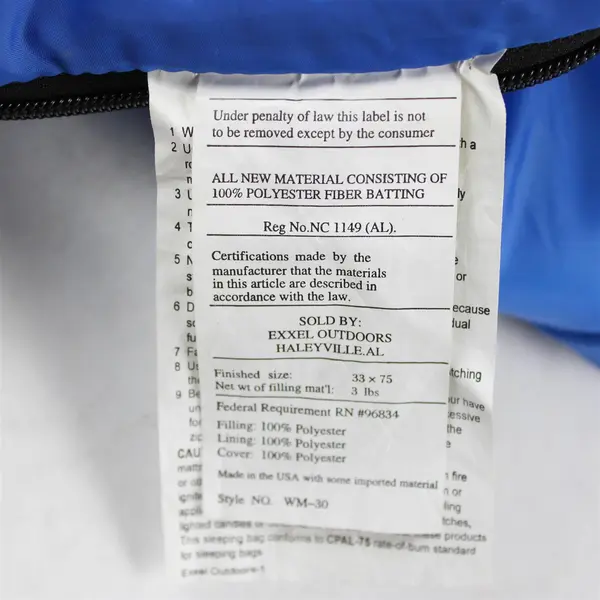 Exxel Outdoors Blue/Yellow 100% Polyester Sleeping Bag 33" x 75" Style No WM-30