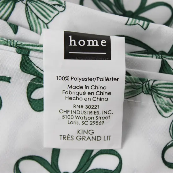 Peri Home White With Green Bow Print King Flat Bed Sheet 100% Polyester
