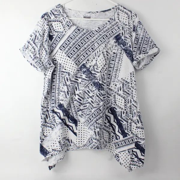 Basic Edition Blue/White Geometric Print Short Sleeve T-Shirt Women's Size L