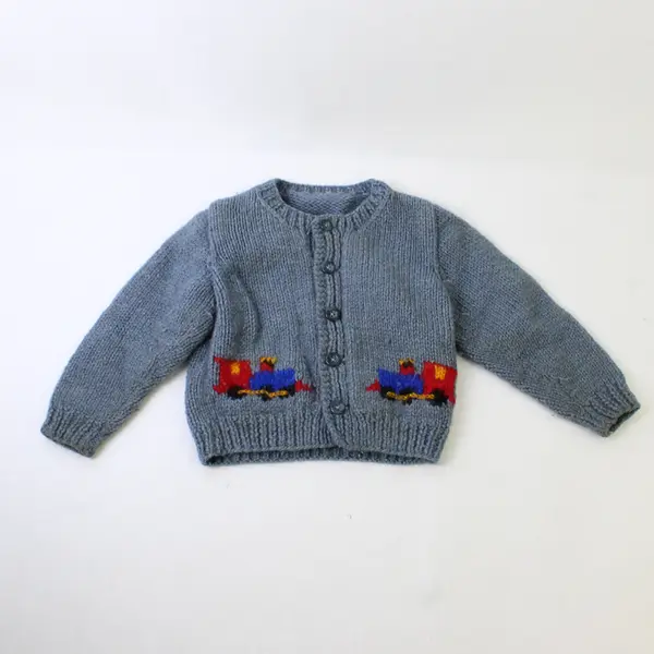 Vintage Handmade Knit Blue Train Cardigan Boys' 2T FLAWED