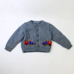 Vintage Handmade Knit Blue Train Cardigan Boys' 2T FLAWED