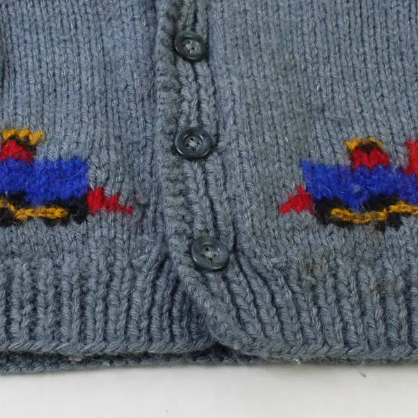 Vintage Handmade Knit Blue Train Cardigan Boys' 2T FLAWED