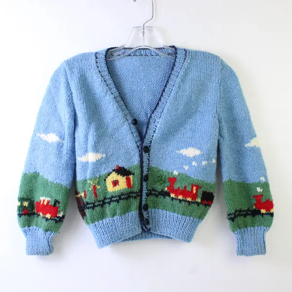 Vintage Handmade Knit Blue Train Cardigan Boys' 8Y FLAWED