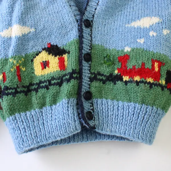 Vintage Handmade Knit Blue Train Cardigan Boys' 8Y FLAWED