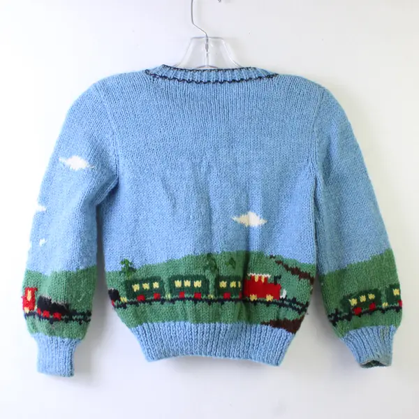 Vintage Handmade Knit Blue Train Cardigan Boys' 8Y FLAWED