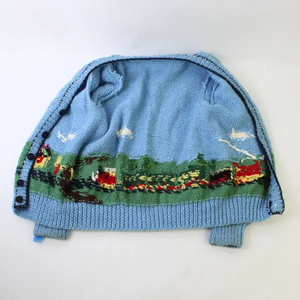 Vintage Handmade Knit Blue Train Cardigan Boys' 8Y FLAWED