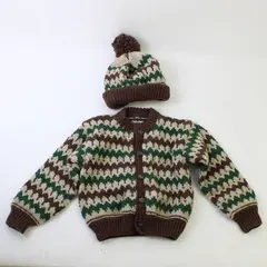 Vintage Handmade Brown and Green Cardigan and Hat Set Kids' Size 2T