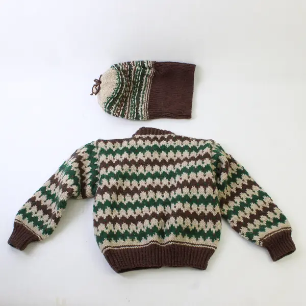 Vintage Handmade Brown and Green Cardigan and Hat Set Kids' Size 2T