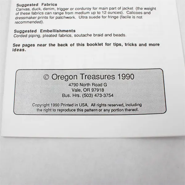 VTG 1990 The Oregon Trail Jacket by Oregon Treasures Patchwork Sewing Pattern