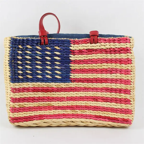 Patriotic American Flag - Dyed Straw Purse - Denim Lined w/ Leather Handles