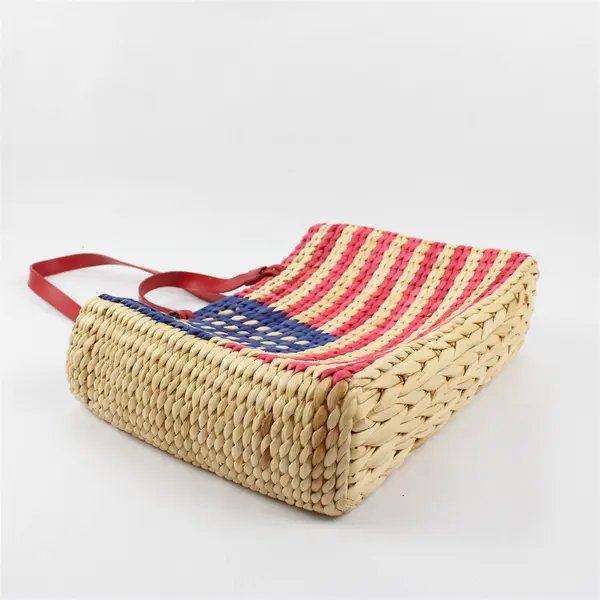 Patriotic American Flag - Dyed Straw Purse - Denim Lined w/ Leather Handles