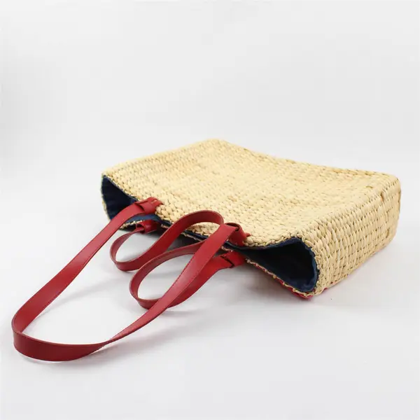 Patriotic American Flag - Dyed Straw Purse - Denim Lined w/ Leather Handles