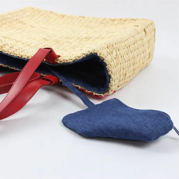 Patriotic American Flag - Dyed Straw Purse - Denim Lined w/ Leather Handles