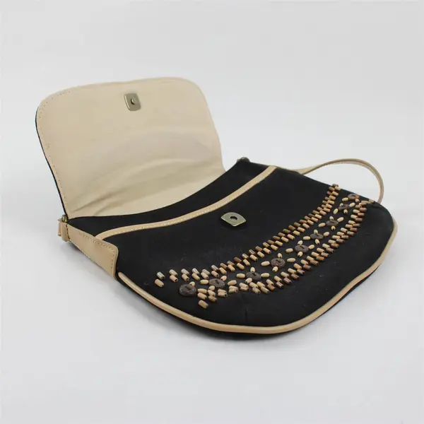 Vintage Liz Claiborne Black Canvas Handbag with Wood Bead Details - 11"Wx9"H