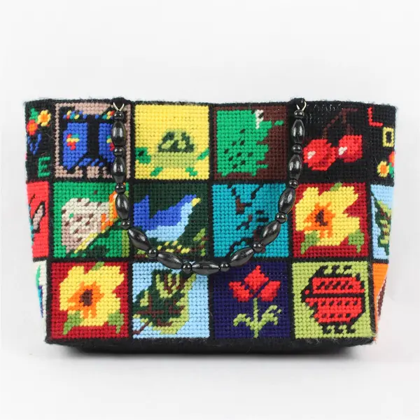 Vintage Needlepoint Tote Purse w/Wood Beaded Handles 1970s Ecology