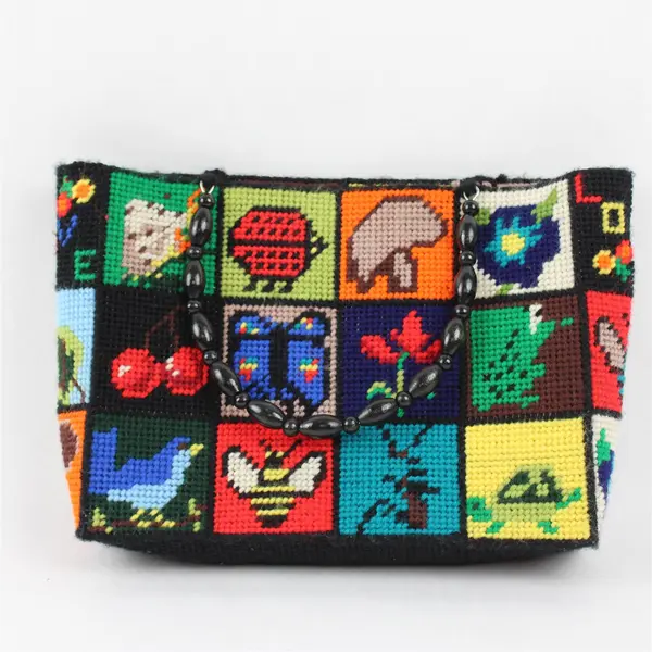 Vintage Needlepoint Tote Purse w/Wood Beaded Handles 1970s Ecology