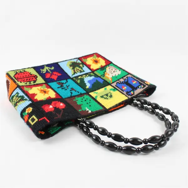 Vintage Needlepoint Tote Purse w/Wood Beaded Handles 1970s Ecology