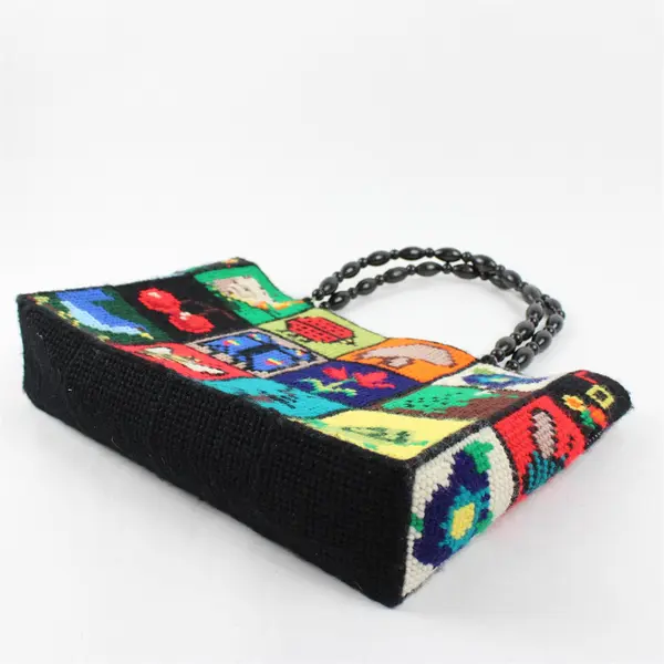 Vintage Needlepoint Tote Purse w/Wood Beaded Handles 1970s Ecology