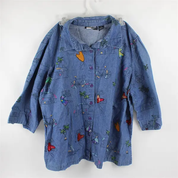Vintage New Direction Women's 2X Denim 3/4 Sleeve Tropical Embroidered Blouse
