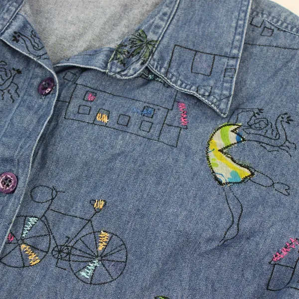 Vintage New Direction Women's 2X Denim 3/4 Sleeve Tropical Embroidered Blouse
