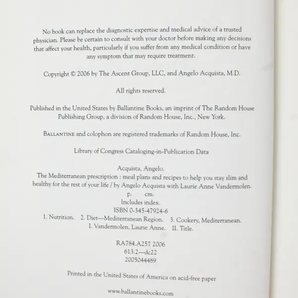 The Mediterranean Prescription Angelo Acquista 2006 Hardcover No Dust Jacket