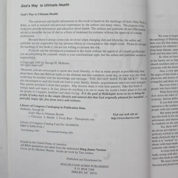 God's Way to Ultimate Health by Malkmus, George H. Paperback 2001