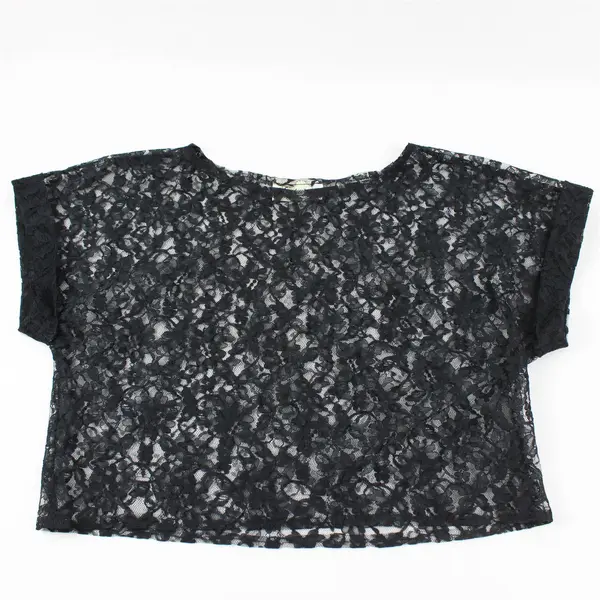 Vtg Entourage T.M. Women's L/XL Black Sheer Lace Cuffed Sleeve Crop Top