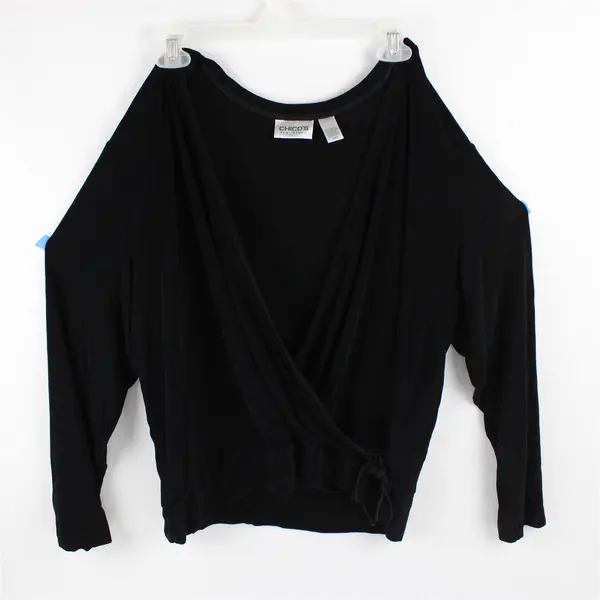 Vtg Chico's Travelers Women's 3 (XL) Black Faux Wrap Long Sleeve Blouse