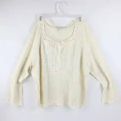 Dress Barn Women's 14/16 Ivory Crochet Lace Trim - Long Sleeve Blouse 