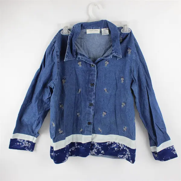 Vtg Lemon Grass Women's L Petite Denim Long Sleeve Embroidered Shirt w/Silk Trim