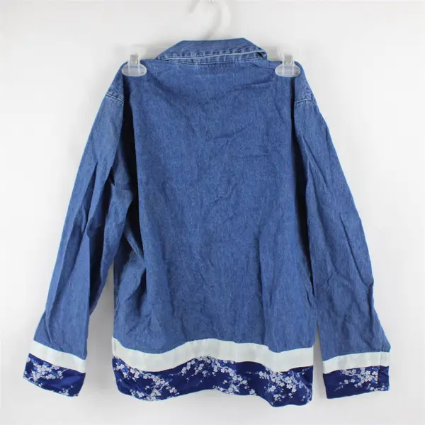 Vtg Lemon Grass Women's L Petite Denim Long Sleeve Embroidered Shirt w/Silk Trim