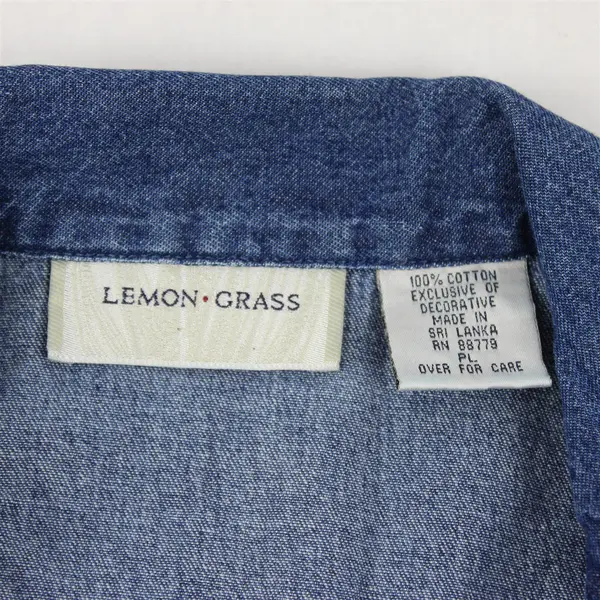 Vtg Lemon Grass Women's L Petite Denim Long Sleeve Embroidered Shirt w/Silk Trim