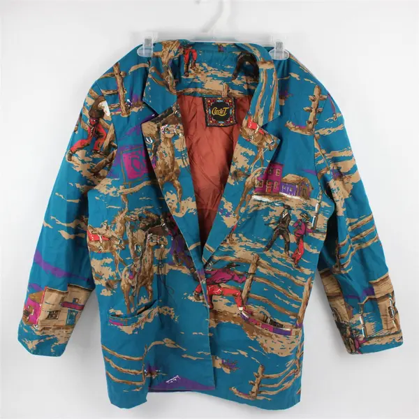 Vintage Circle T Women's L Teal Cowboy Western Graphic Blazer Suit Jacket