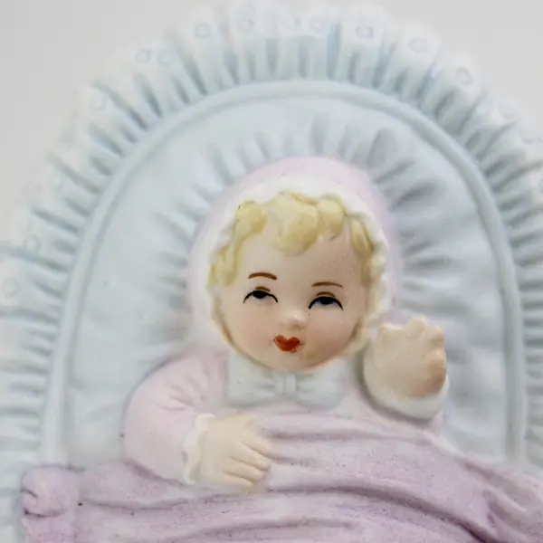 1983 Enesco Blonde Baby In Bassinet Growing Up Birthday Girls