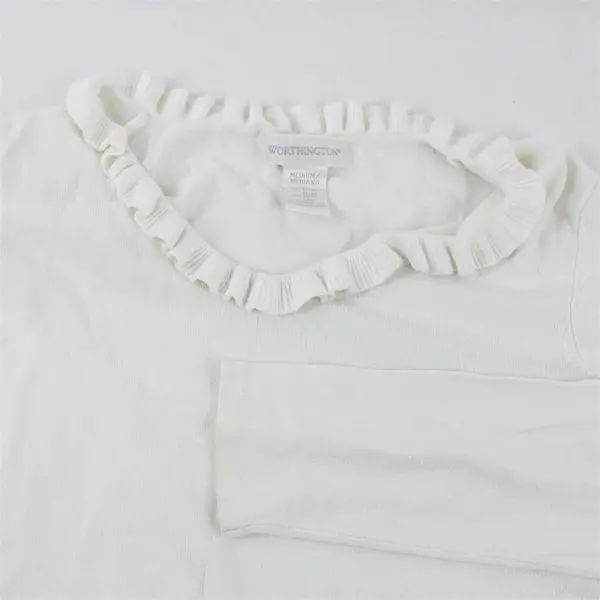 Worthington Women's M White Knit Ruffle Collar Long Sleeve Blouse