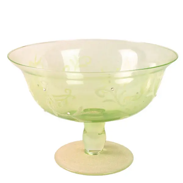 Unbranded Clear Green Glass Pedestal Bowl W/ Crushed Glass Swirl Pattern 7.75"