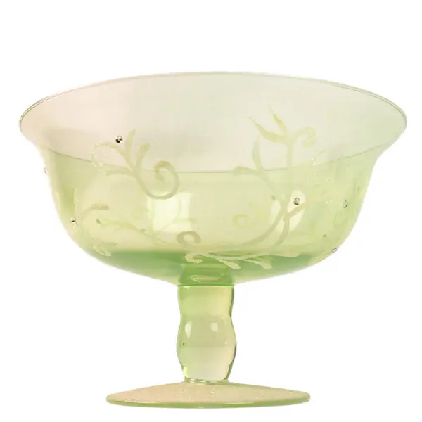 Unbranded Clear Green Glass Pedestal Bowl W/ Crushed Glass Swirl Pattern 7.75"