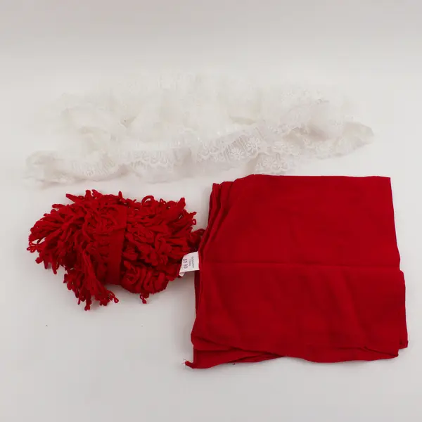 Mixed Lot of Red Linen Square Trim, Red Yarn & White Lace - Sewing