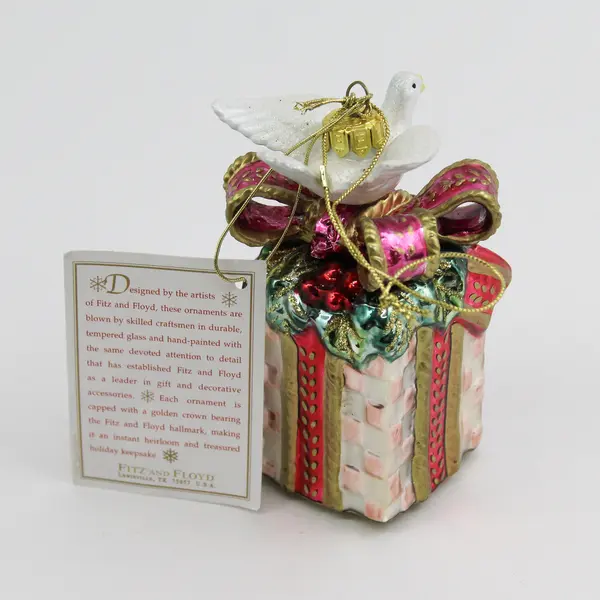 Fitz and Floyd Glass Gregorian Gift Box with Dove On top Christmas Ornament  