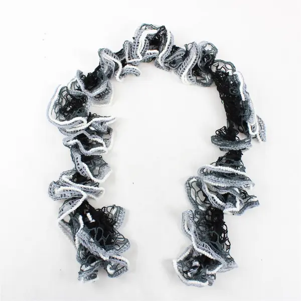 Vintage Handmade Crocheted Ruffle Scarf - Black, Gray, White - 48" Long