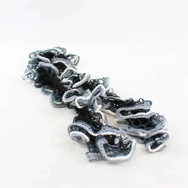Vintage Handmade Crocheted Ruffle Scarf - Black, Gray, White - 48" Long