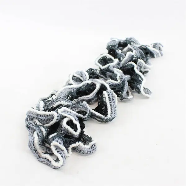 Vintage Handmade Crocheted Ruffle Scarf - Black, Gray, White - 48" Long