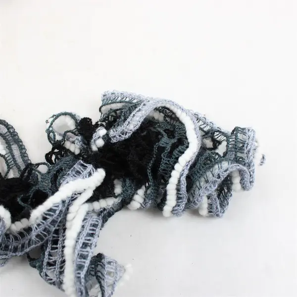 Vintage Handmade Crocheted Ruffle Scarf - Black, Gray, White - 48" Long