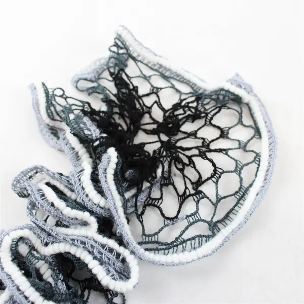 Vintage Handmade Crocheted Ruffle Scarf - Black, Gray, White - 48" Long