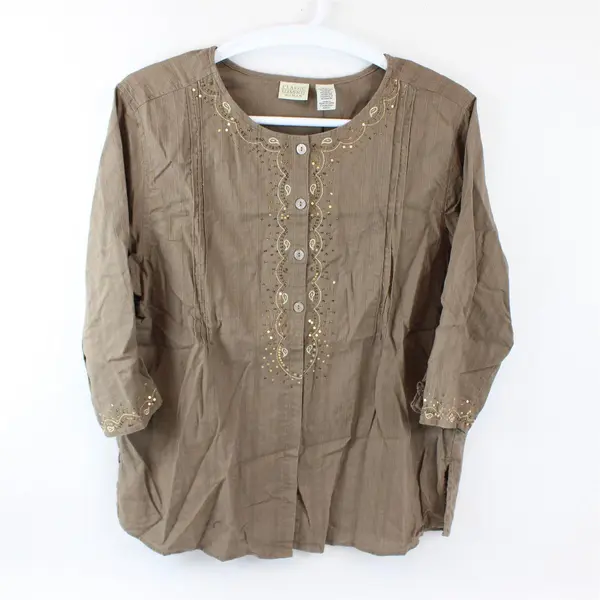 Classic Elements Women's 16-18W Brown Embroidered Button Up 1/2 Sleeve Blouse