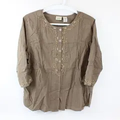 Classic Elements Women's 16-18W Brown Embroidered Button Up 1/2 Sleeve Blouse