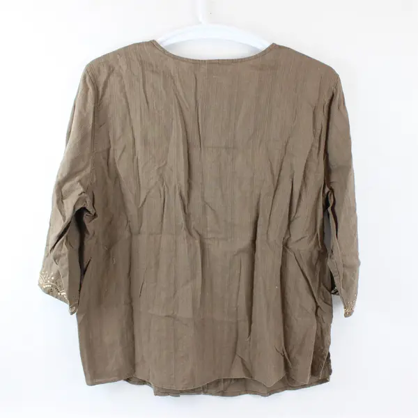Classic Elements Women's 16-18W Brown Embroidered Button Up 1/2 Sleeve Blouse
