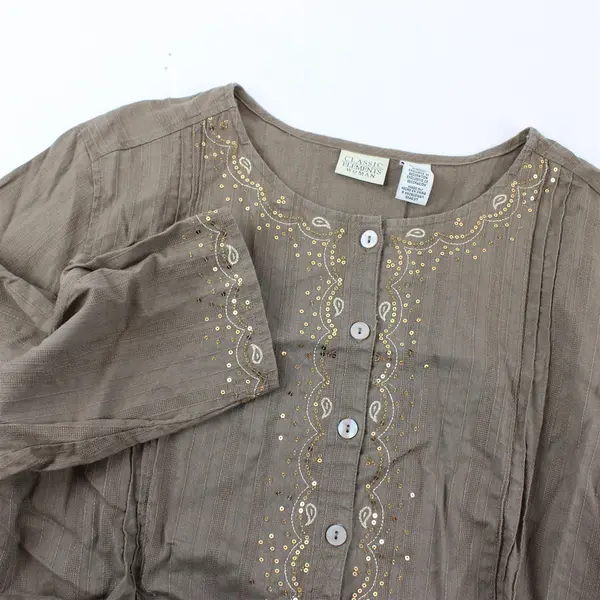 Classic Elements Women's 16-18W Brown Embroidered Button Up 1/2 Sleeve Blouse