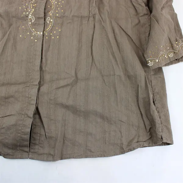 Classic Elements Women's 16-18W Brown Embroidered Button Up 1/2 Sleeve Blouse