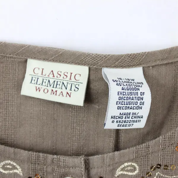 Classic Elements Women's 16-18W Brown Embroidered Button Up 1/2 Sleeve Blouse